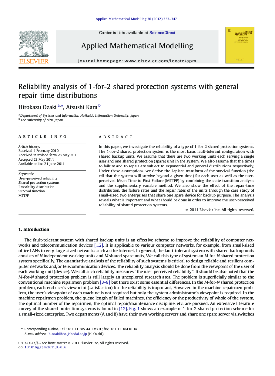 Reliability analysis of 1-for-2 shared protection systems with general repair-time distributions