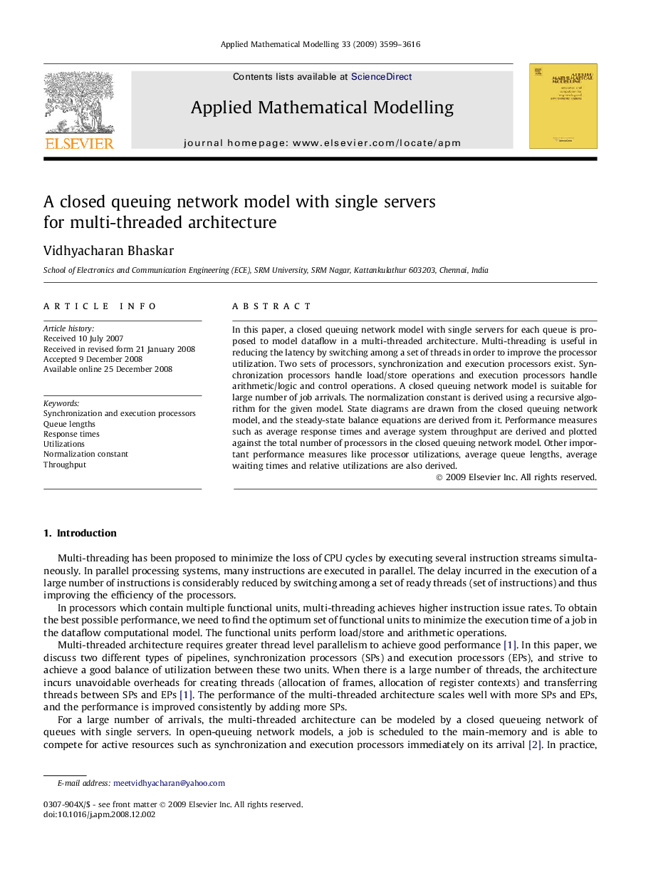 A closed queuing network model with single servers for multi-threaded architecture