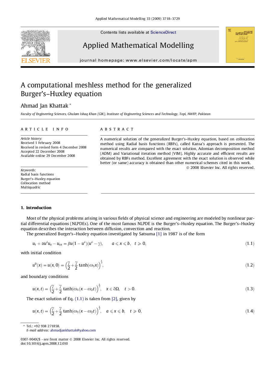 A computational meshless method for the generalized Burger’s–Huxley equation