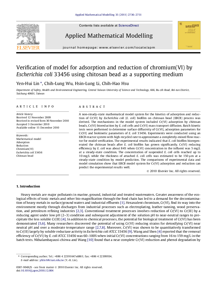 Verification of model for adsorption and reduction of chromium(VI) by Escherichia coli 33456 using chitosan bead as a supporting medium