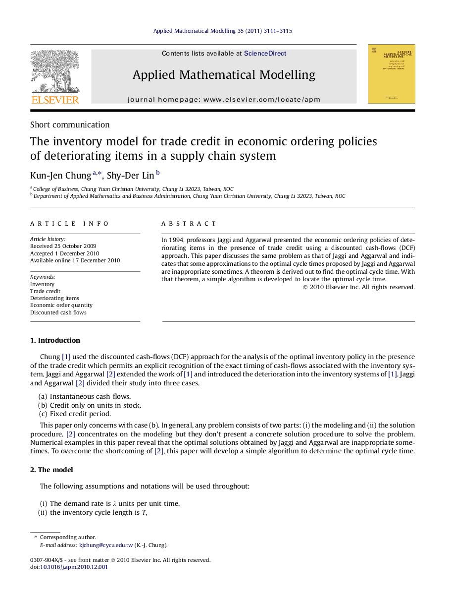 The inventory model for trade credit in economic ordering policies of deteriorating items in a supply chain system