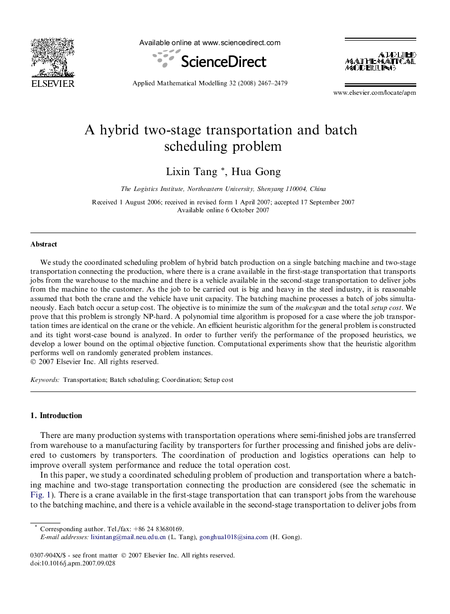 A hybrid two-stage transportation and batch scheduling problem