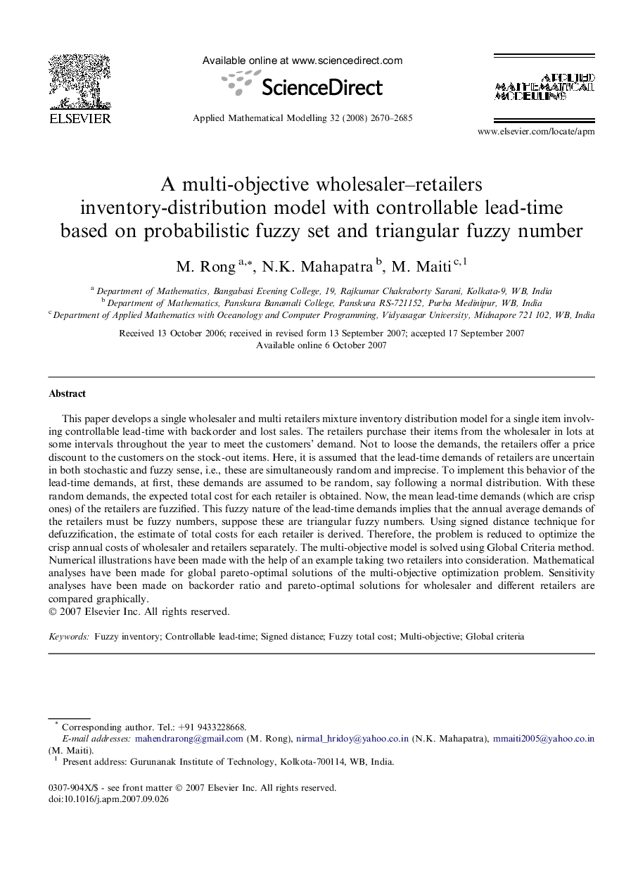 A multi-objective wholesaler–retailers inventory-distribution model with controllable lead-time based on probabilistic fuzzy set and triangular fuzzy number