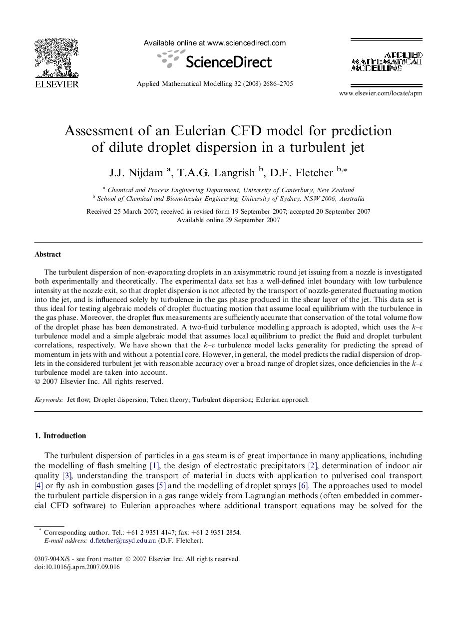 Assessment of an Eulerian CFD model for prediction of dilute droplet dispersion in a turbulent jet