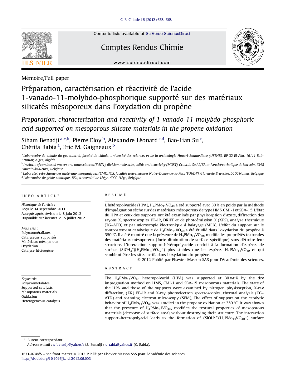 Préparation, caractérisation et réactivité de l’acide 1-vanado-11-molybdo-phosphorique supporté sur des matériaux silicatés mésoporeux dans l’oxydation du propène