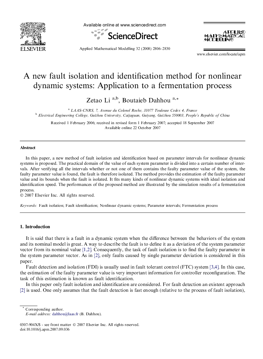 A new fault isolation and identification method for nonlinear dynamic systems: Application to a fermentation process