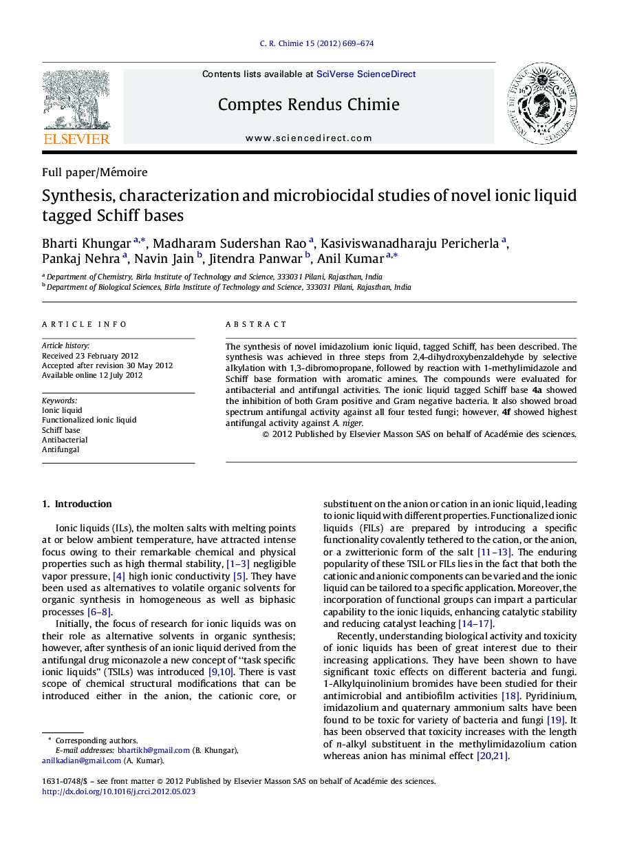 Synthesis, characterization and microbiocidal studies of novel ionic liquid tagged Schiff bases