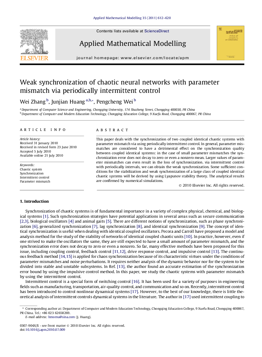 Weak synchronization of chaotic neural networks with parameter mismatch via periodically intermittent control