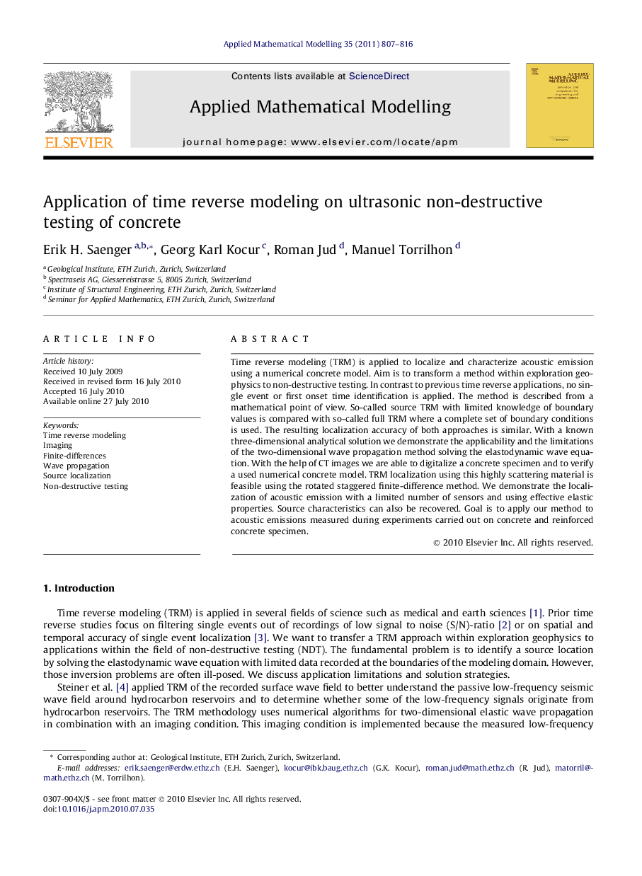 Application of time reverse modeling on ultrasonic non-destructive testing of concrete