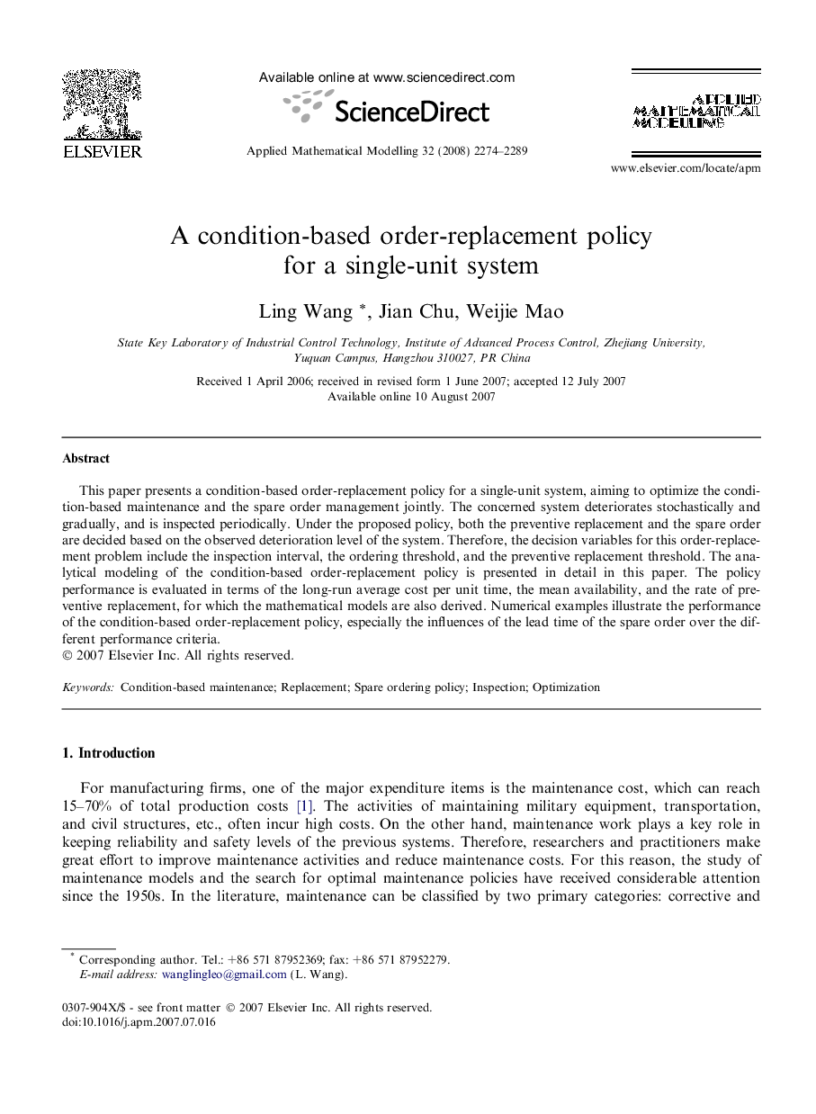 A condition-based order-replacement policy for a single-unit system