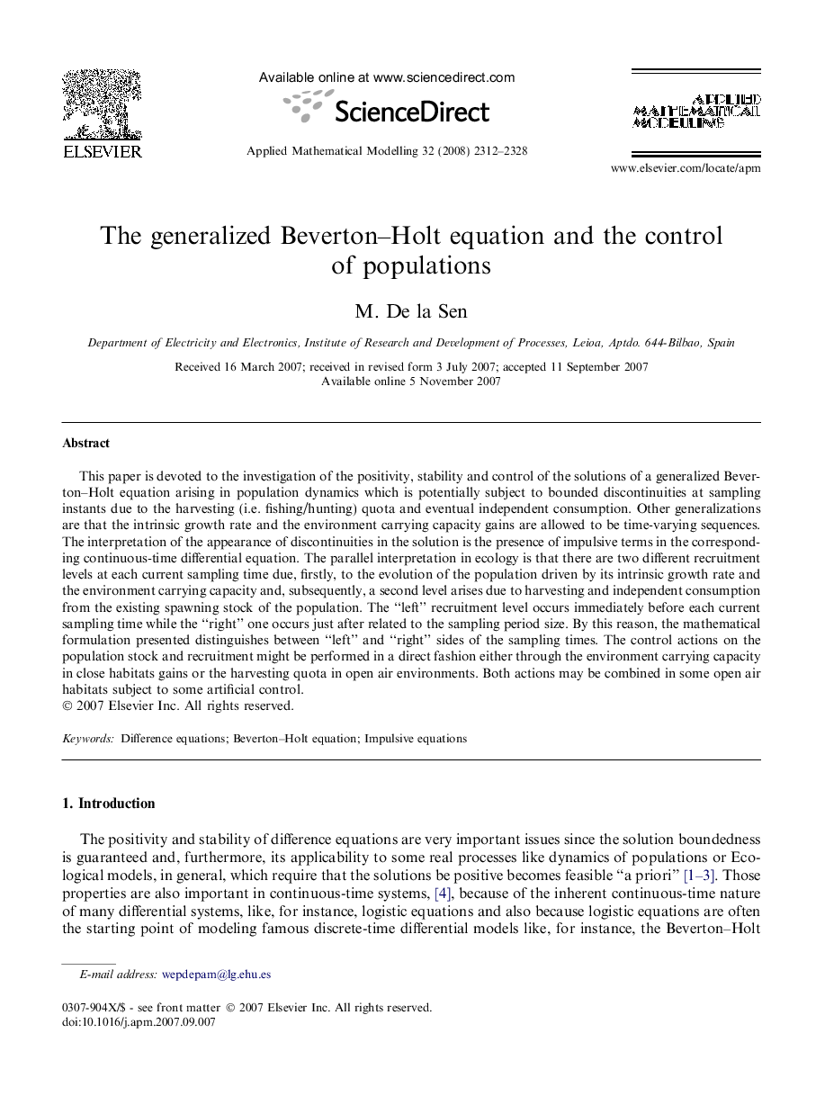 The generalized Beverton–Holt equation and the control of populations