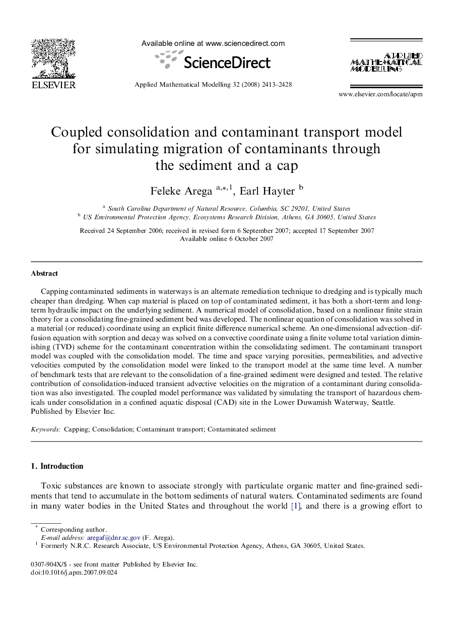 Coupled consolidation and contaminant transport model for simulating migration of contaminants through the sediment and a cap