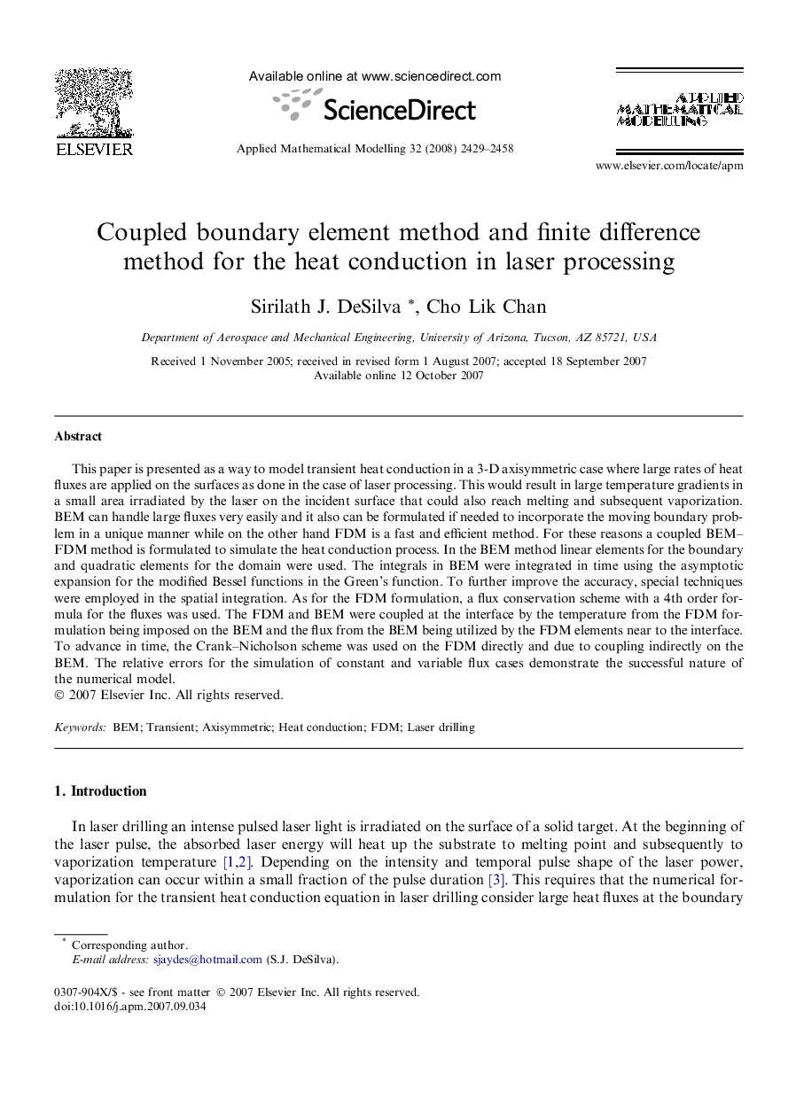 Coupled boundary element method and finite difference method for the heat conduction in laser processing