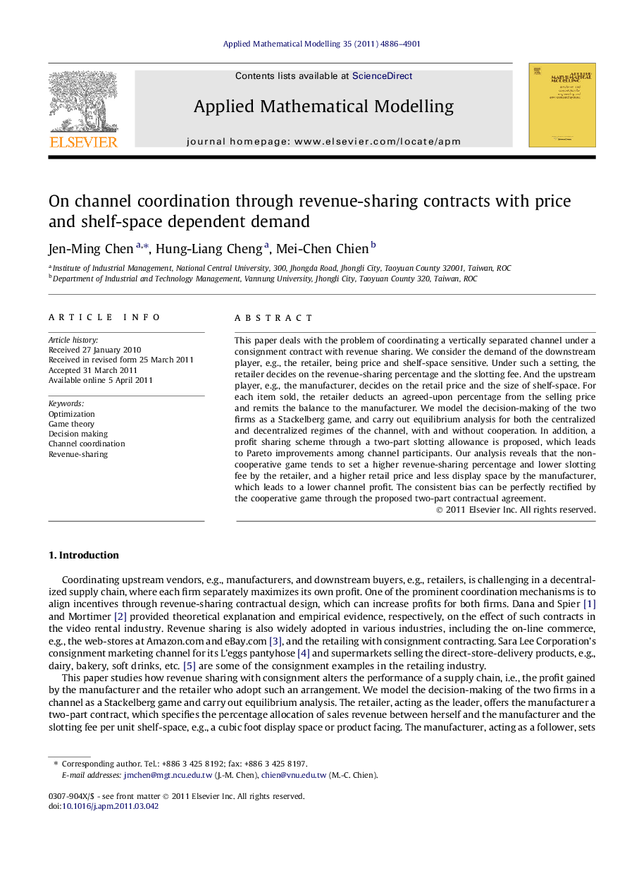 On channel coordination through revenue-sharing contracts with price and shelf-space dependent demand