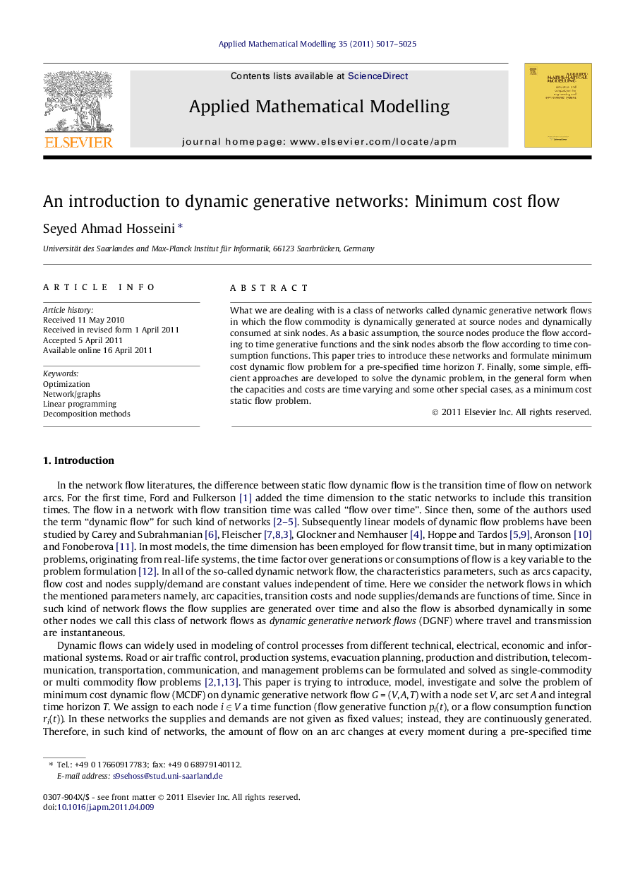 An introduction to dynamic generative networks: Minimum cost flow