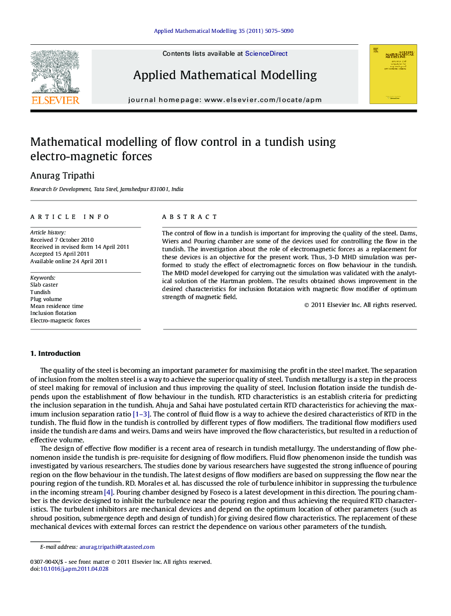 Mathematical modelling of flow control in a tundish using electro-magnetic forces