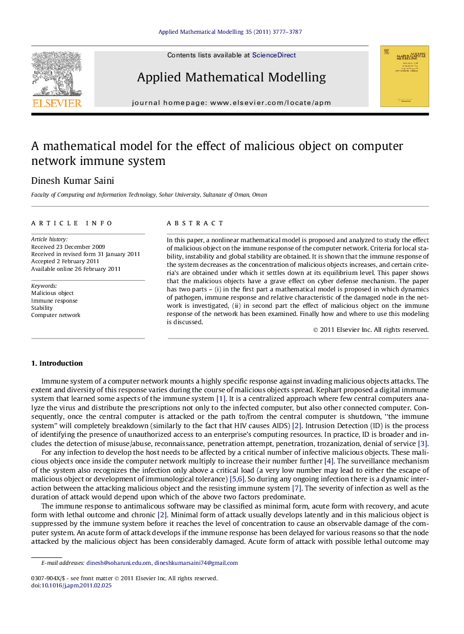 A mathematical model for the effect of malicious object on computer network immune system