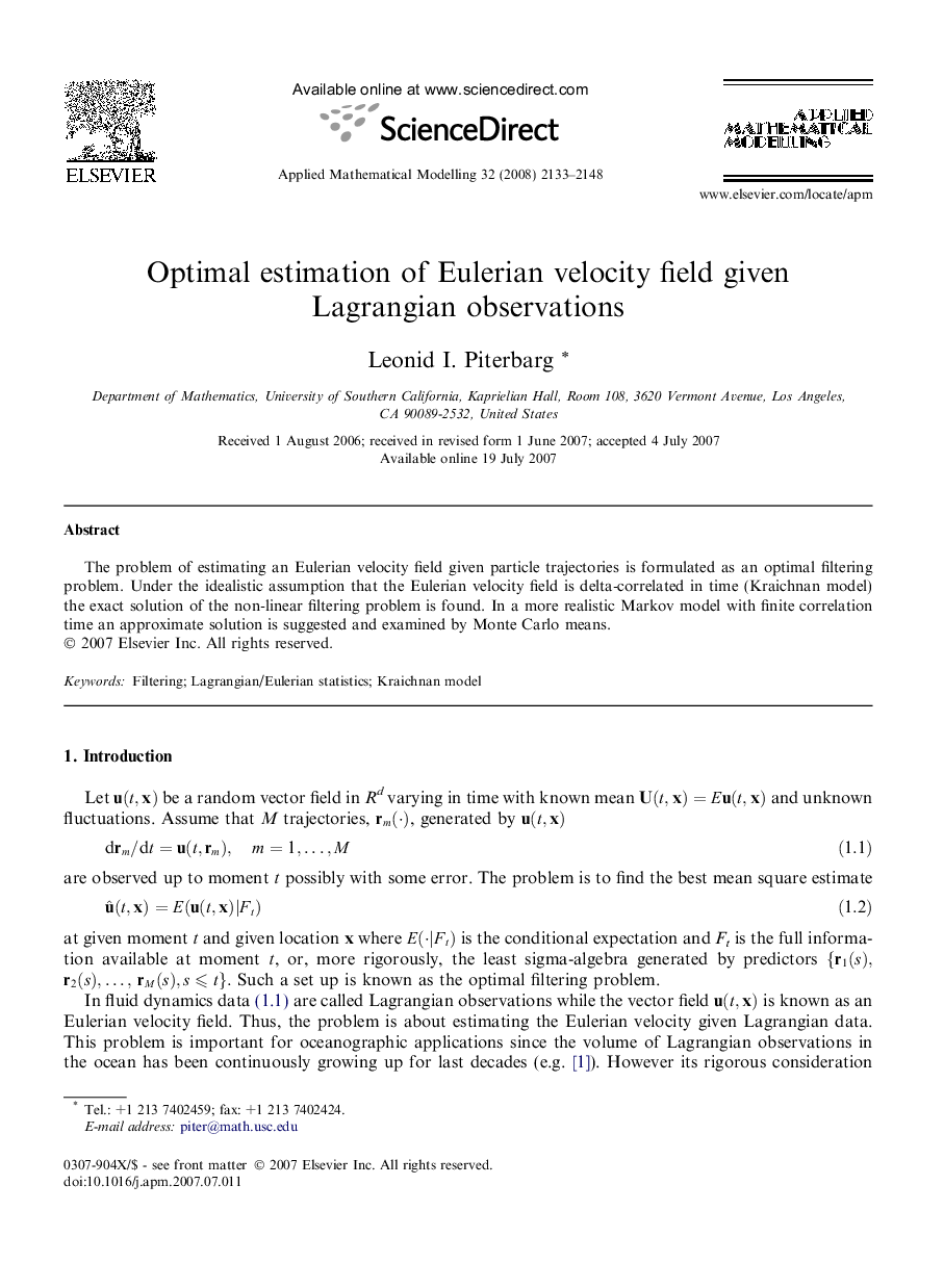 Optimal estimation of Eulerian velocity field given Lagrangian observations