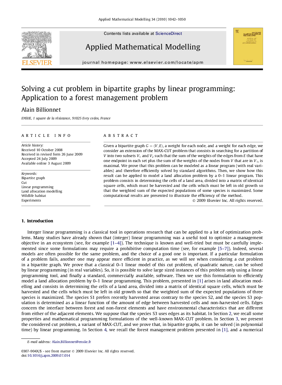 Solving a cut problem in bipartite graphs by linear programming: Application to a forest management problem