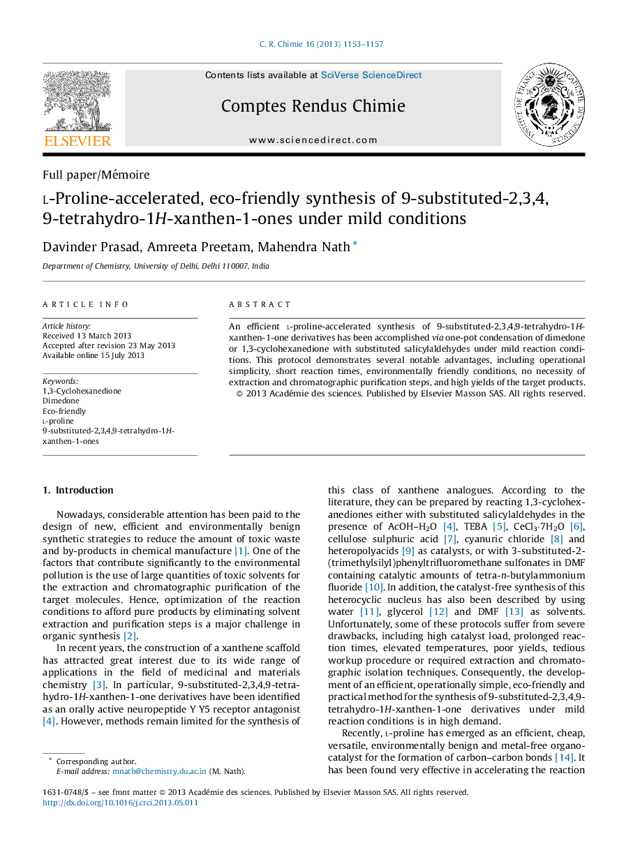 l-Proline-accelerated, eco-friendly synthesis of 9-substituted-2,3,4,9-tetrahydro-1H-xanthen-1-ones under mild conditions