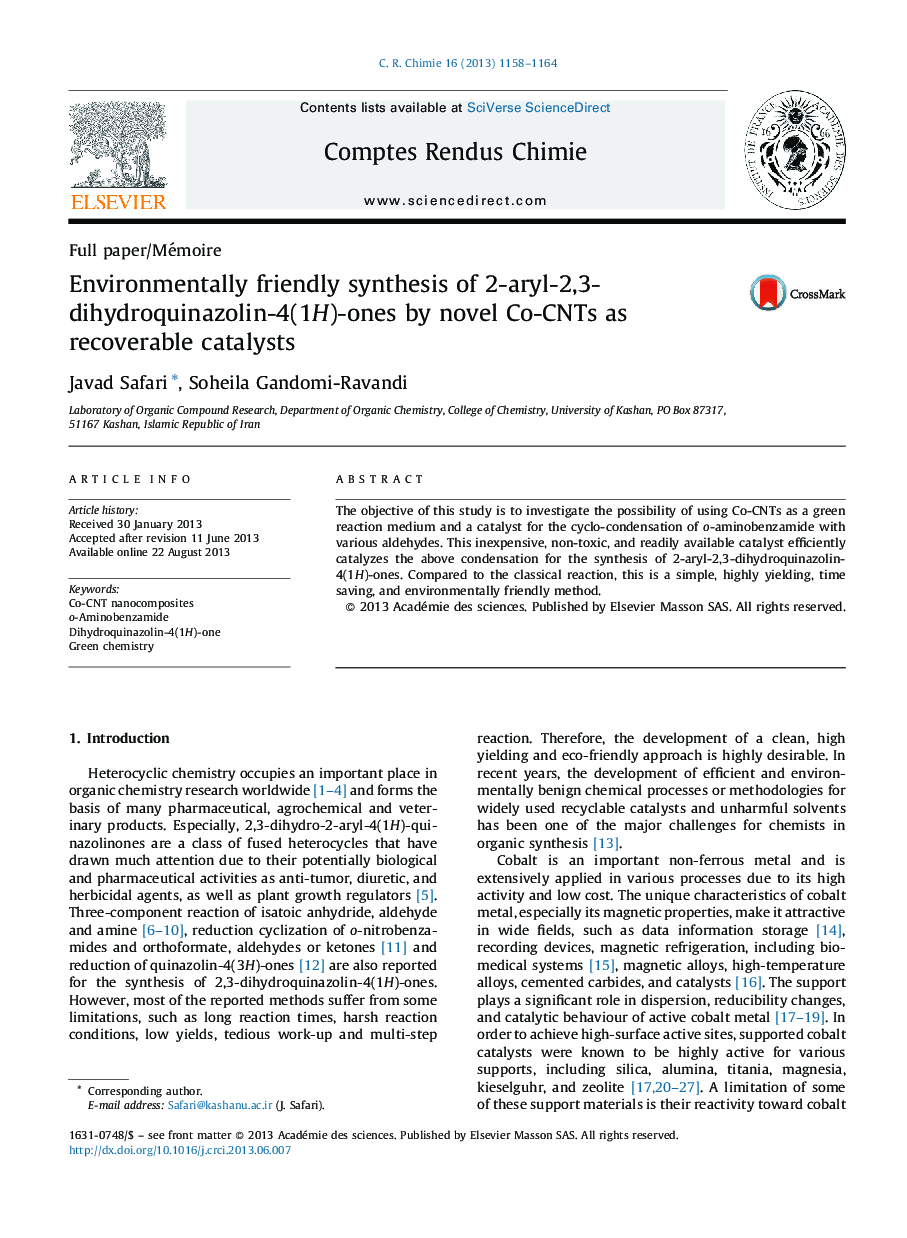 Environmentally friendly synthesis of 2-aryl-2,3-dihydroquinazolin-4(1H)-ones by novel Co-CNTs as recoverable catalysts