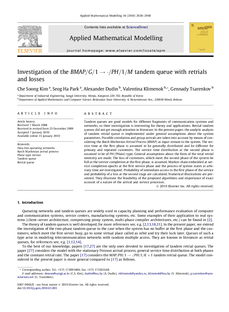 Investigation of the BMAP/G/1→·/PH/1/MBMAP/G/1→·/PH/1/M tandem queue with retrials and losses