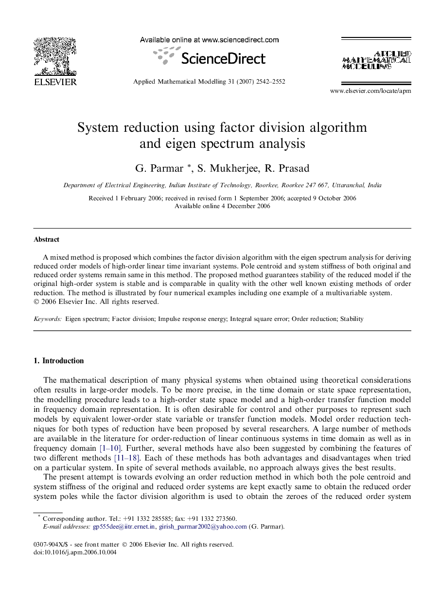 System reduction using factor division algorithm and eigen spectrum analysis