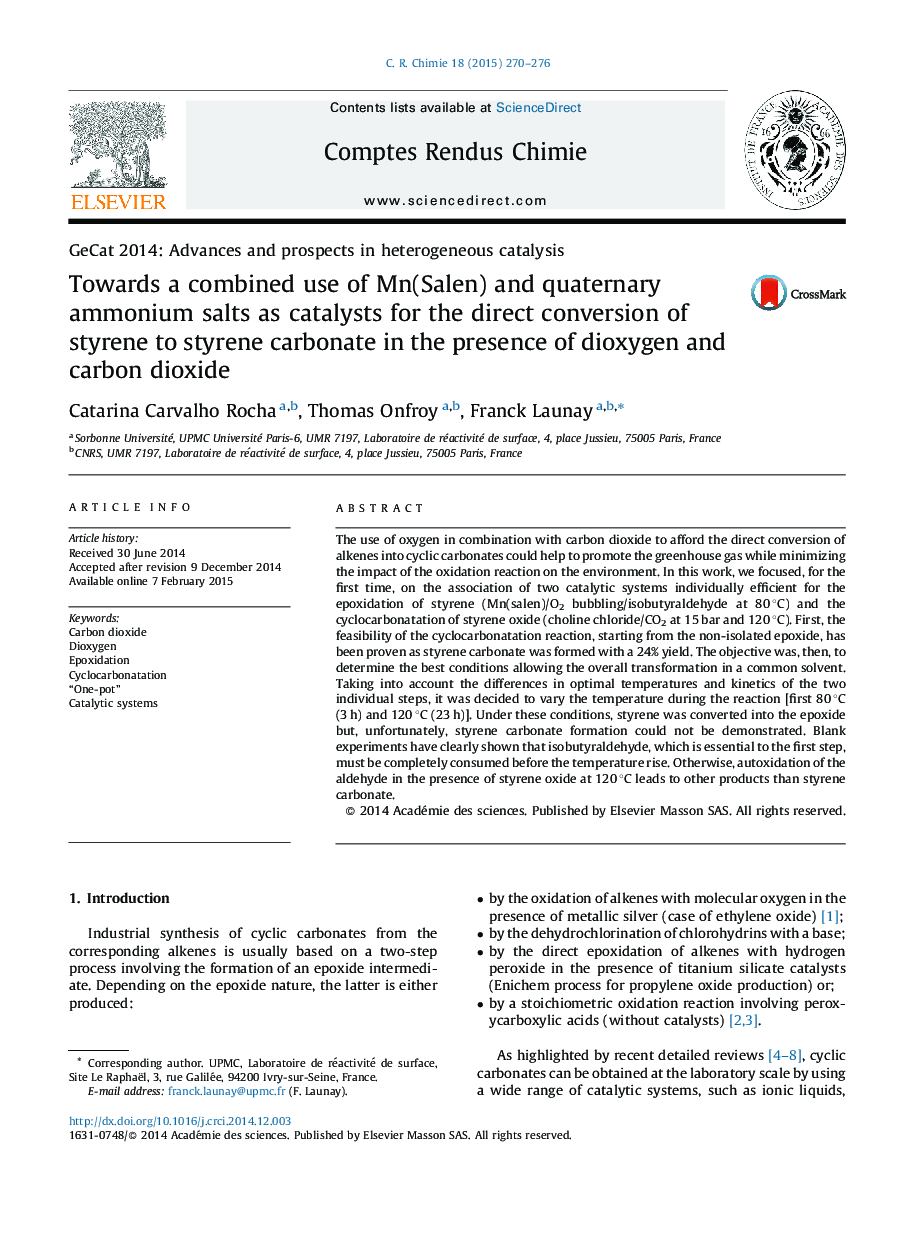 Towards a combined use of Mn(Salen) and quaternary ammonium salts as catalysts for the direct conversion of styrene to styrene carbonate in the presence of dioxygen and carbon dioxide