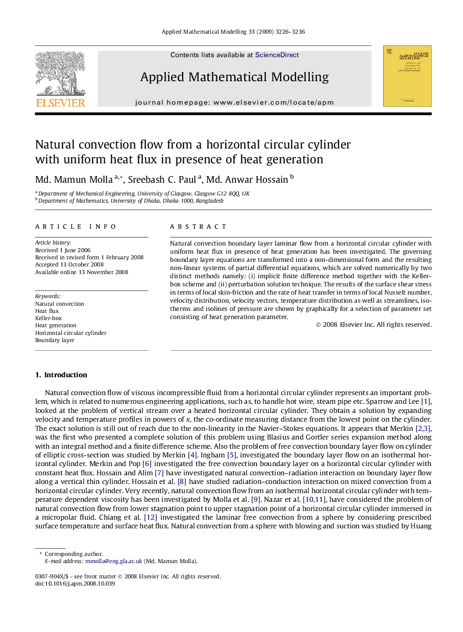 عکس صفحه اول مقاله: Natural convection flow from a horizontal circular cylinder with uniform heat flux in presence of heat generation Natural convection flow from a horizontal circular cylinder with uniform heat flux in presence of heat generation