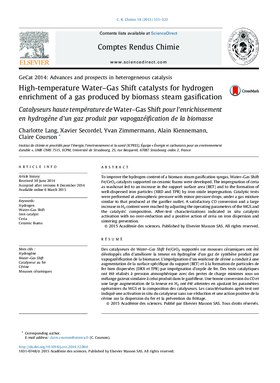 High-temperature Water–Gas Shift catalysts for hydrogen enrichment of a gas produced by biomass steam gasification