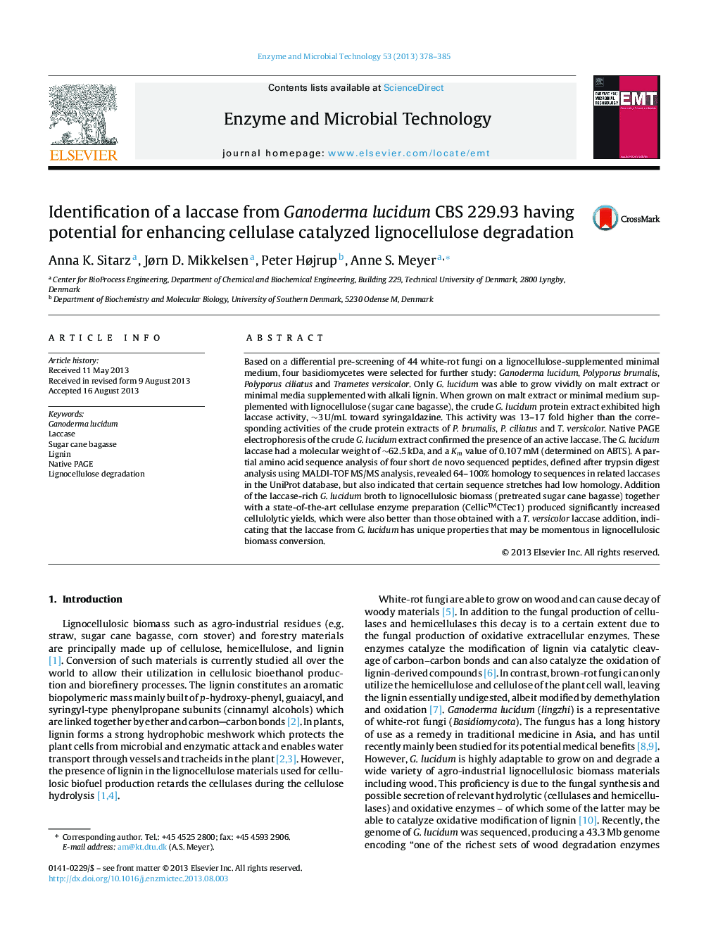 Identification of a laccase from Ganoderma lucidum CBS 229.93 having potential for enhancing cellulase catalyzed lignocellulose degradation