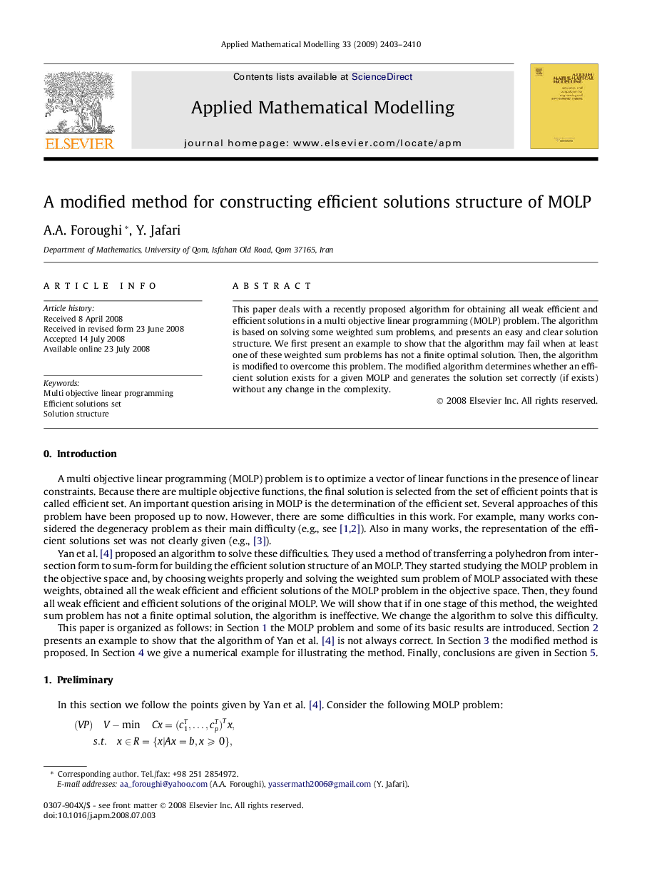 A modified method for constructing efficient solutions structure of MOLP