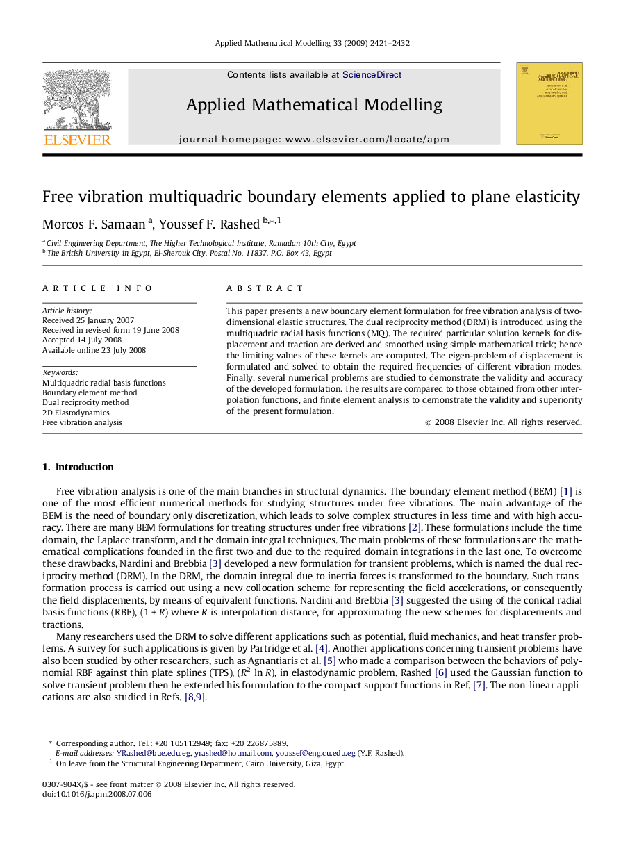 Free vibration multiquadric boundary elements applied to plane elasticity