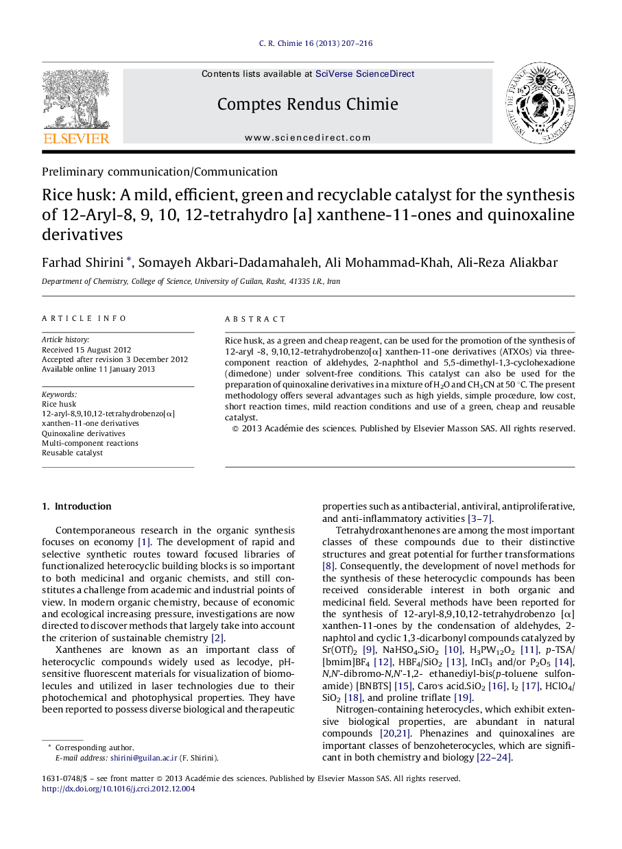 Rice husk: A mild, efficient, green and recyclable catalyst for the synthesis of 12-Aryl-8, 9, 10, 12-tetrahydro [a] xanthene-11-ones and quinoxaline derivatives