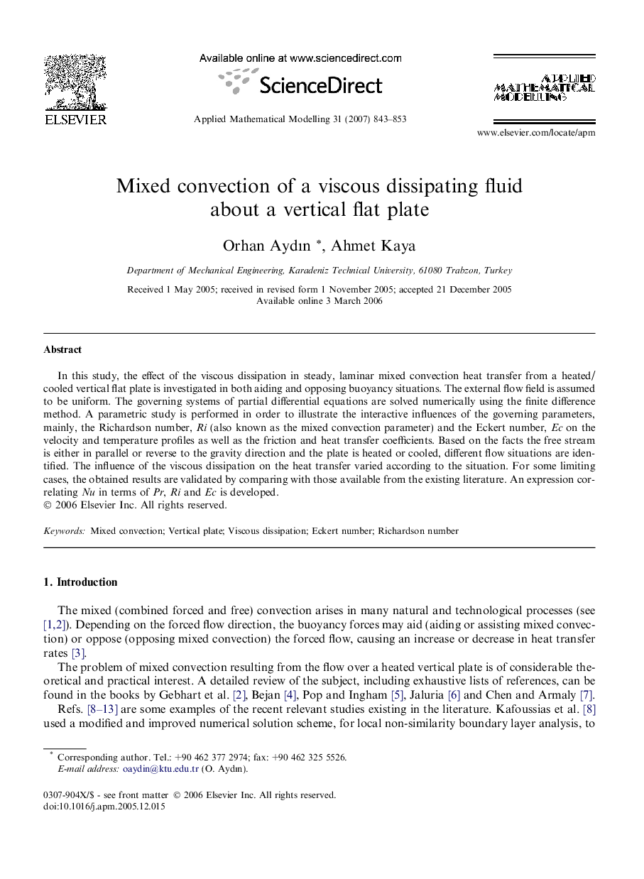 Mixed convection of a viscous dissipating fluid about a vertical flat plate