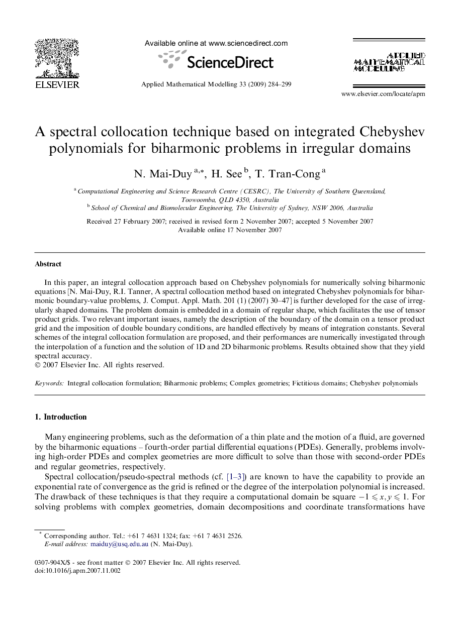 A spectral collocation technique based on integrated Chebyshev polynomials for biharmonic problems in irregular domains