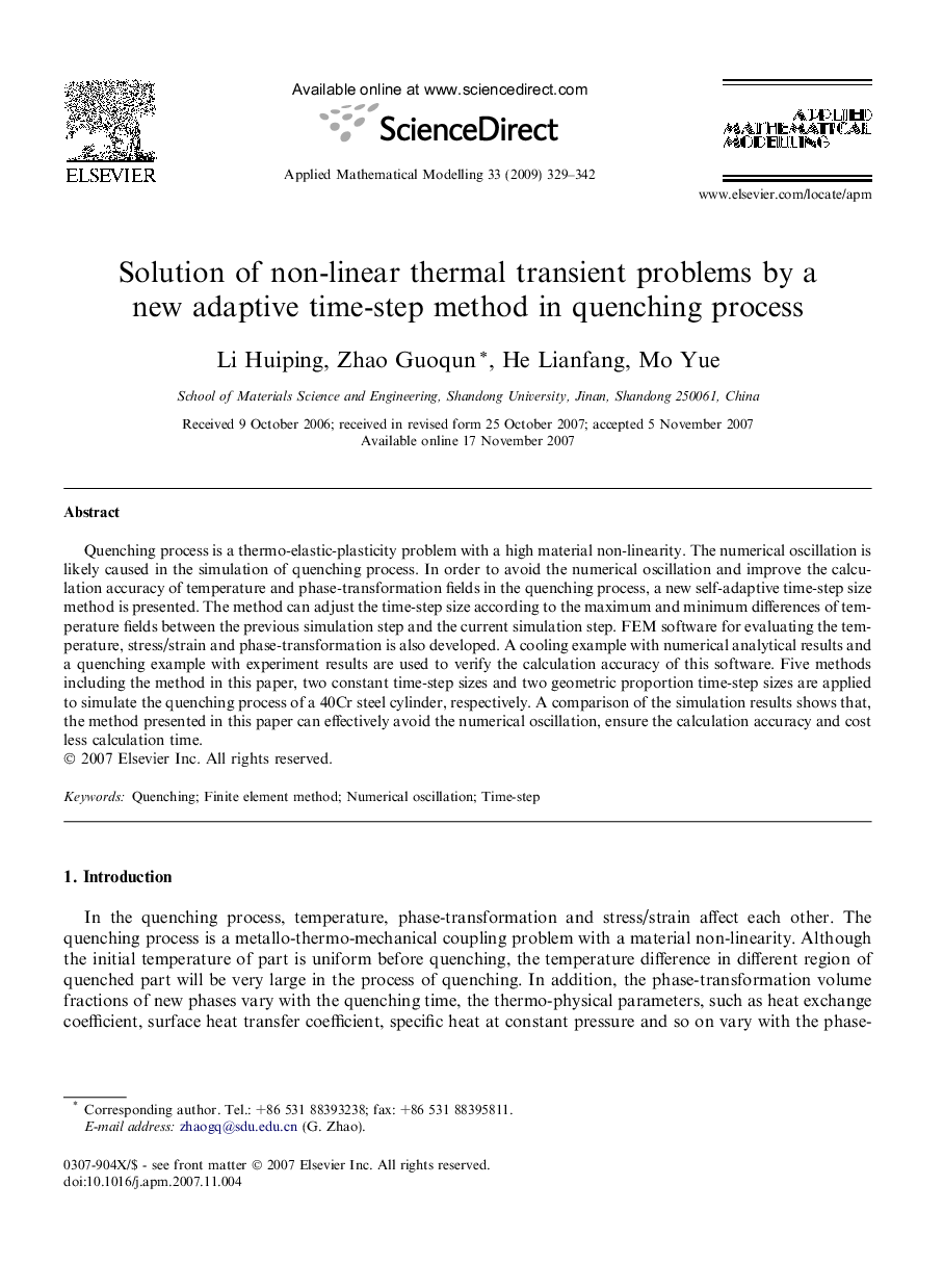 Solution of non-linear thermal transient problems by a new adaptive time-step method in quenching process