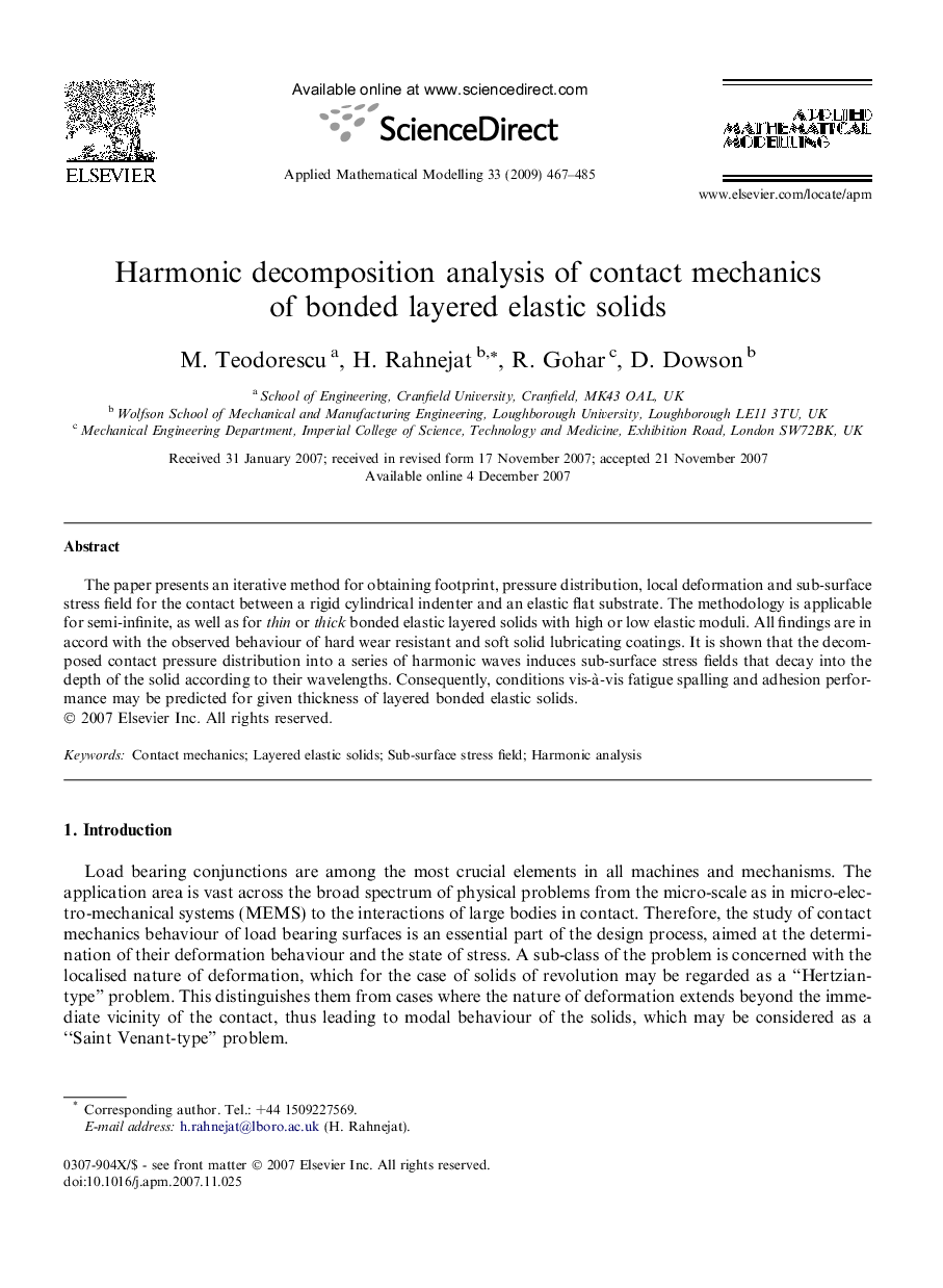 Harmonic decomposition analysis of contact mechanics of bonded layered elastic solids