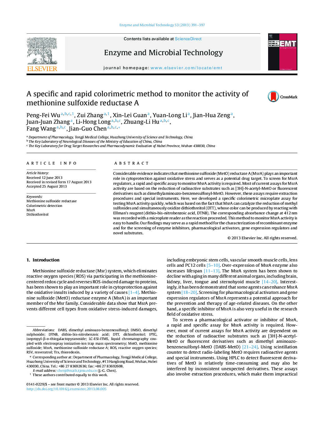 A specific and rapid colorimetric method to monitor the activity of methionine sulfoxide reductase A