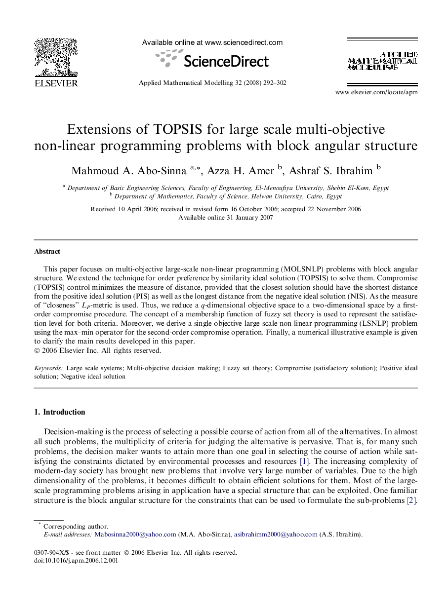 Extensions of TOPSIS for large scale multi-objective non-linear programming problems with block angular structure