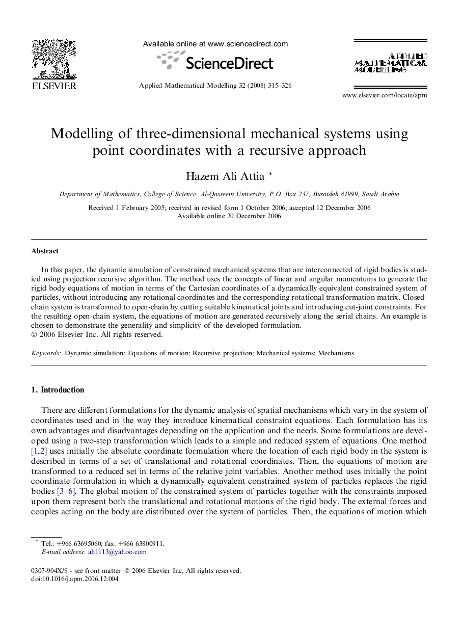 Modelling of three-dimensional mechanical systems using point coordinates with a recursive approach