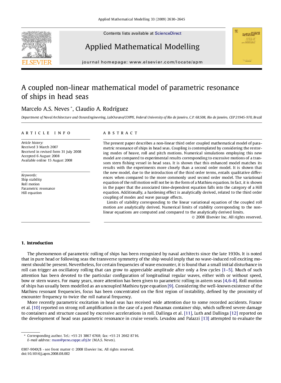 A coupled non-linear mathematical model of parametric resonance of ships in head seas