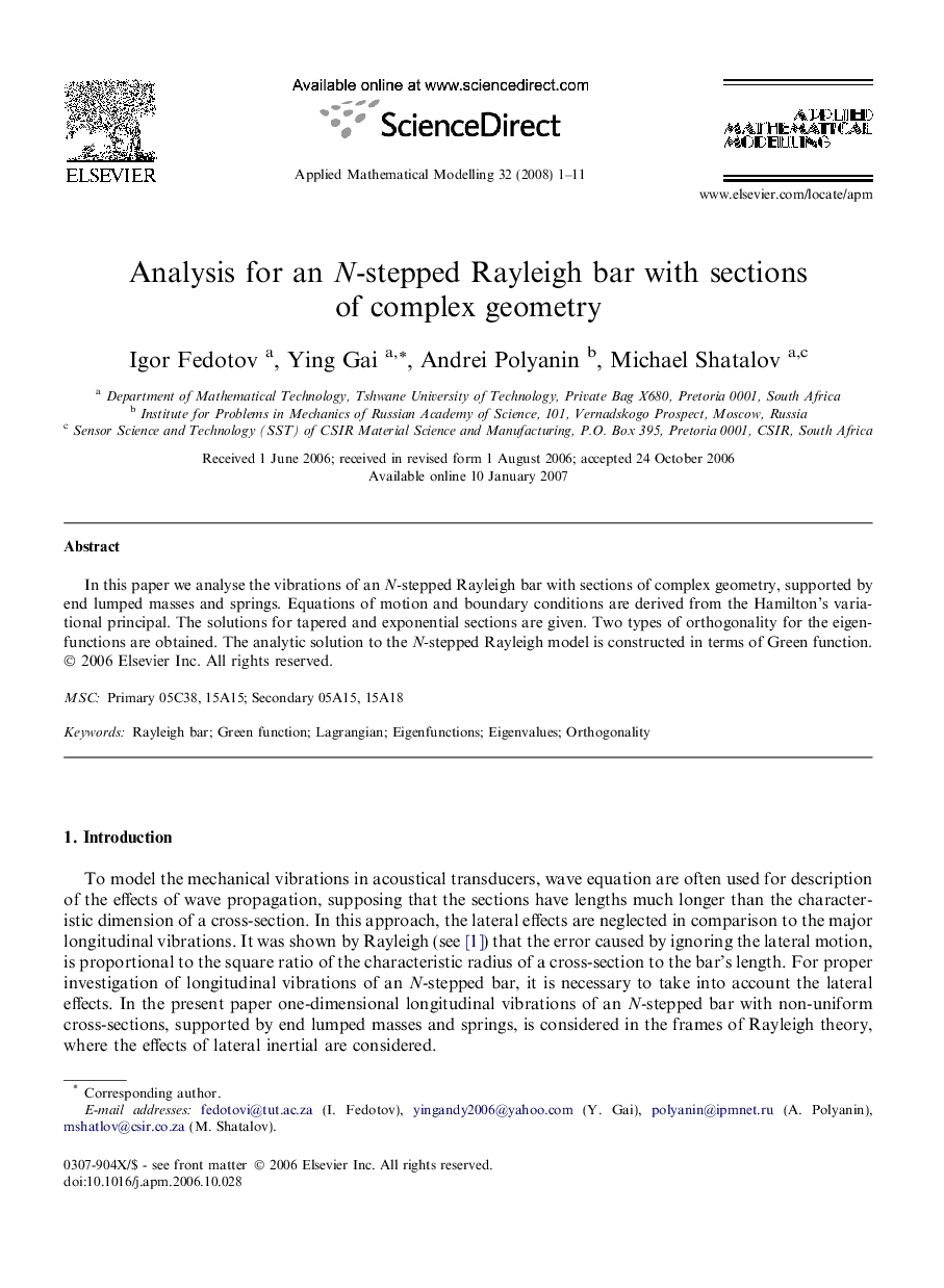 Analysis for an N-stepped Rayleigh bar with sections of complex geometry