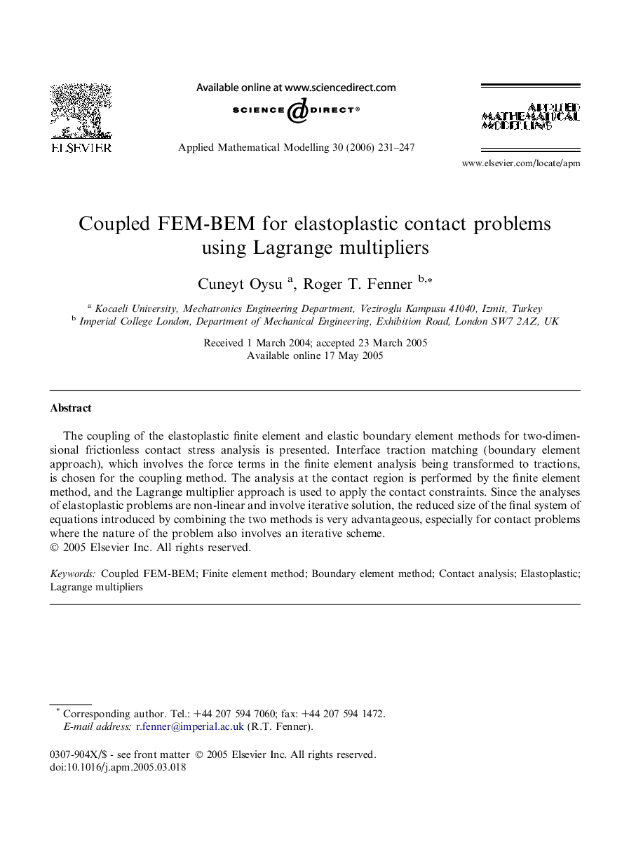 Coupled FEM-BEM for elastoplastic contact problems using Lagrange multipliers