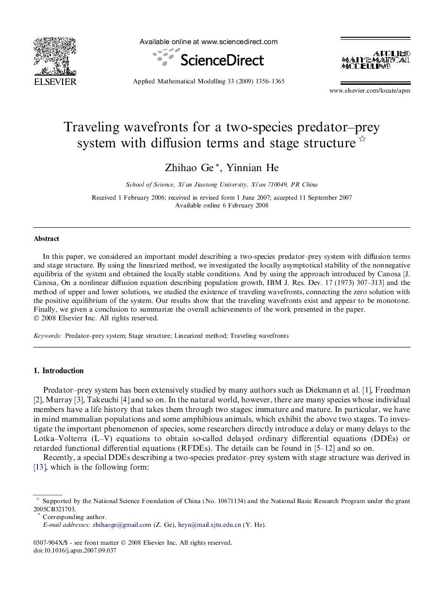 Traveling wavefronts for a two-species predator–prey system with diffusion terms and stage structure 