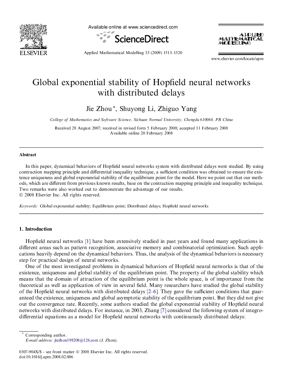 Global exponential stability of Hopfield neural networks with distributed delays