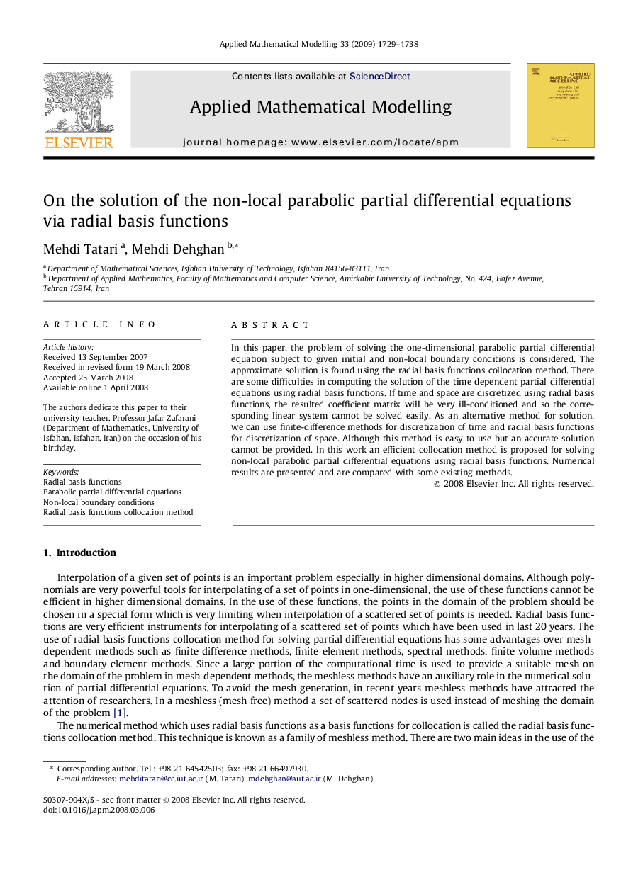 On the solution of the non-local parabolic partial differential equations via radial basis functions