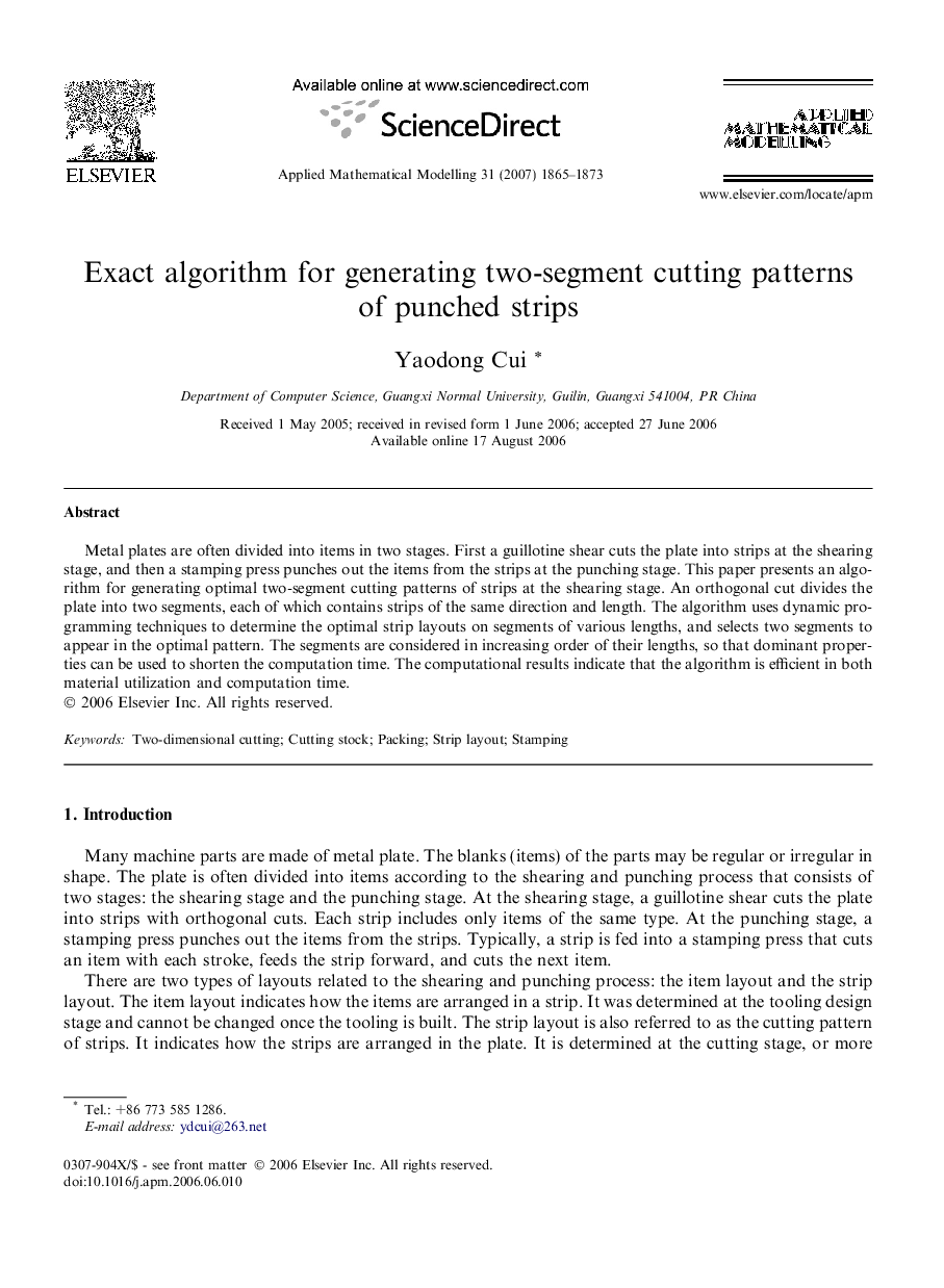 Exact algorithm for generating two-segment cutting patterns of punched strips