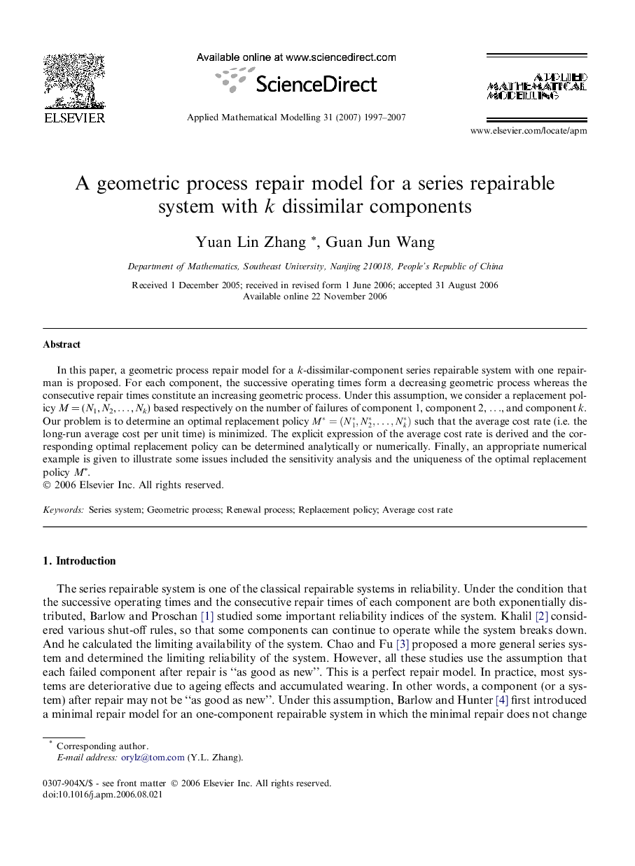 A geometric process repair model for a series repairable system with k dissimilar components