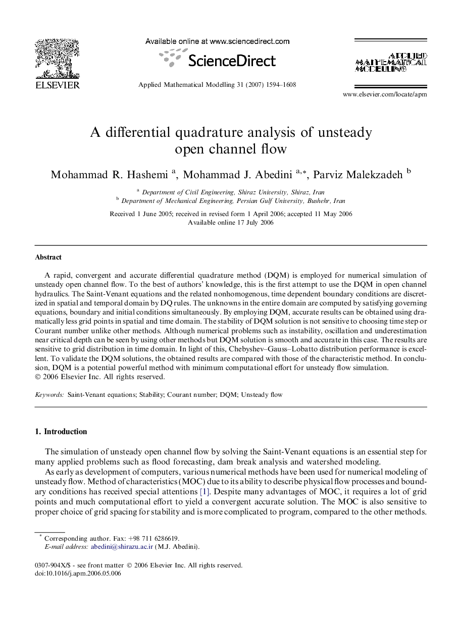 A differential quadrature analysis of unsteady open channel flow